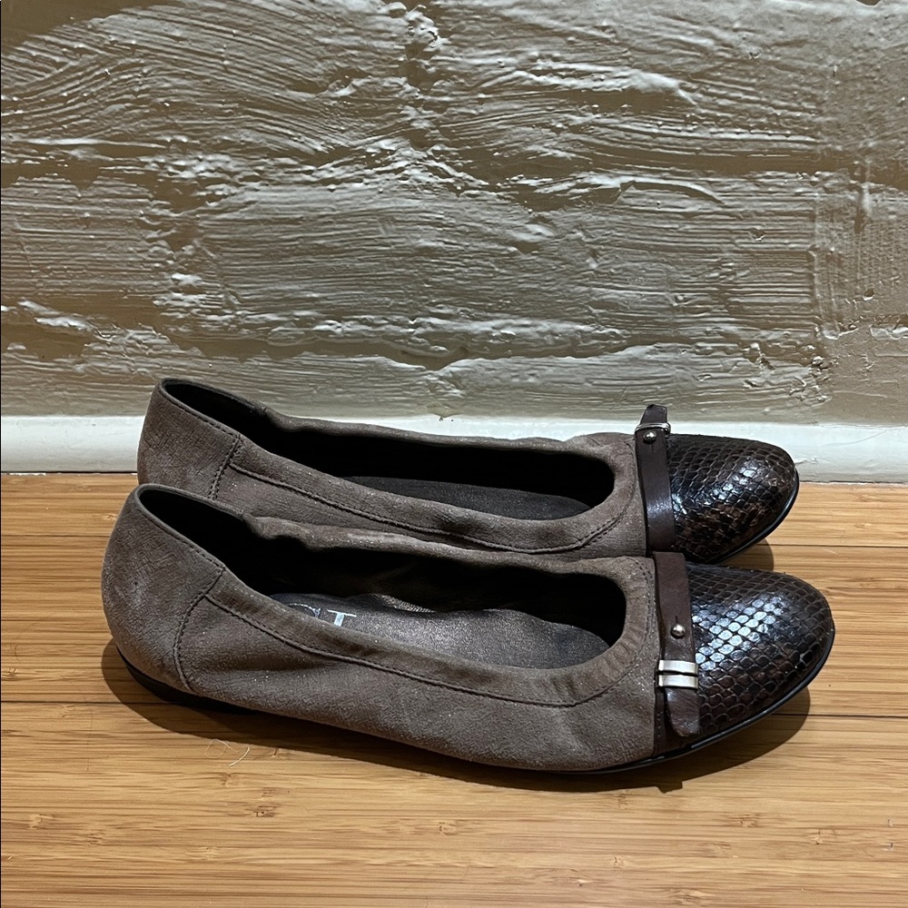 AGL Brown Suede Flats with Black Snakeskin Toe